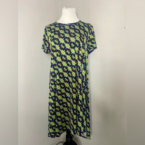 LuLaRoe Carly Dress Navy Blue with Multicolored Aztec Pattern High Low